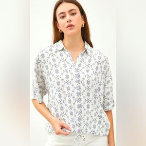 Ayana Blue Pattern Button Front Tie-Waist Blouse Top